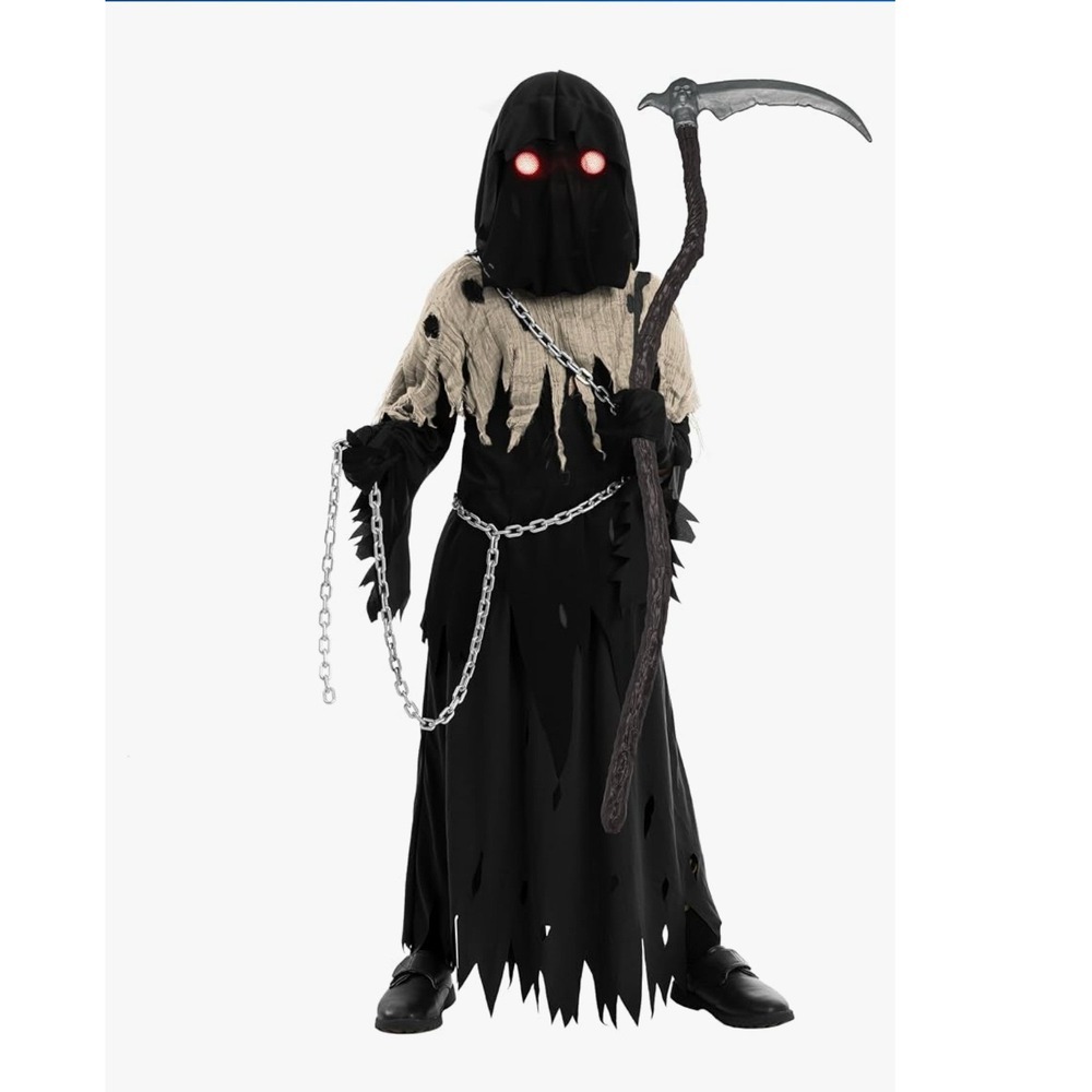 Lomesion Kids Grim Reaper Halloween Costume Glowing Eyes Scythe Small 5-7Y